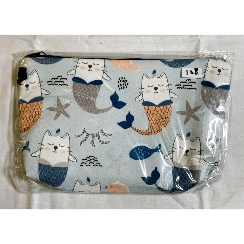 Unbranded Mermaid Cat Pouch Women Small Blue NEW Zippered Makeup Travel Bag 8x5